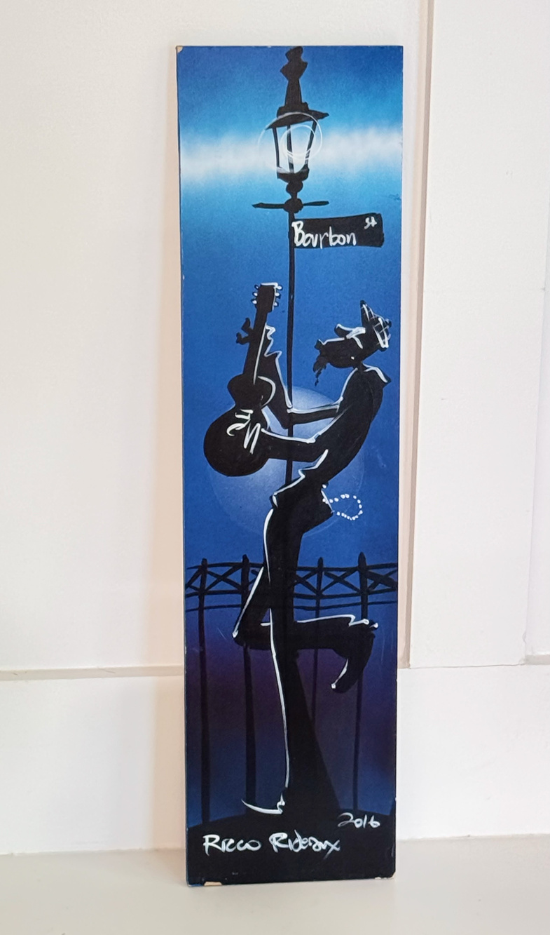 Ricco Rideaux Signed New Orleans Jazz Bourbon St Guitar Painting Wood 2016 Art